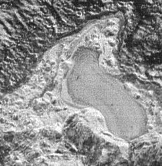 The lake of frown nitrogen on Pluto, images by the New Horizons mission during its closest approach to Pluto on July 14th, 2015. The lake is approximately 30 km (18.75 mi) in length 
