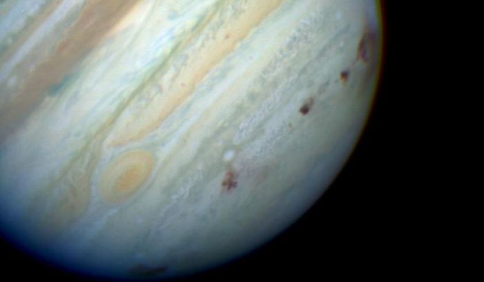 An image of Jupiter's southern hemisphere by the Hubble Space Telescope show the aftermath of fragments from comet Shoemaker-Levy 9 struck the planet's atmosphere in July 1994 (credit: (credit: NASA, ESA, STScI)