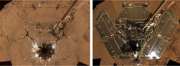 Two self portraits by Opportunity's twin on Mars, Spirit. On the left, how the rover's solar panels had accumulated dust by October 2007. On the right, how the solar arrays looked in November 2008, after a "spring clean" by dust devils the rover encountered during the Martian "spring"