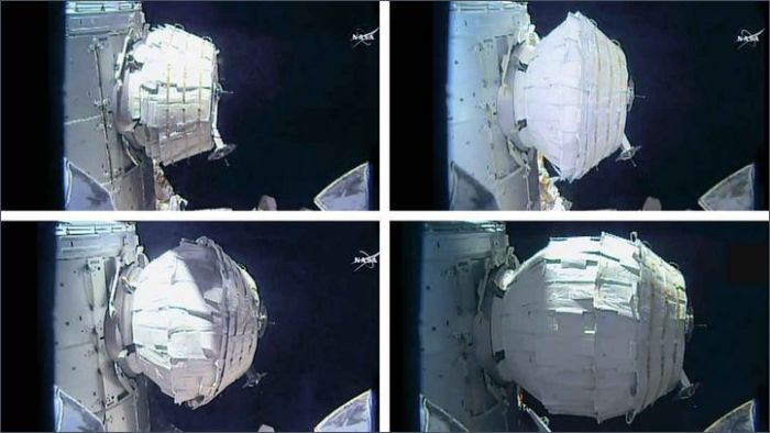 Four images showing the BEAM unit inflating as it is docked to the International Space Station. Credit: NASA