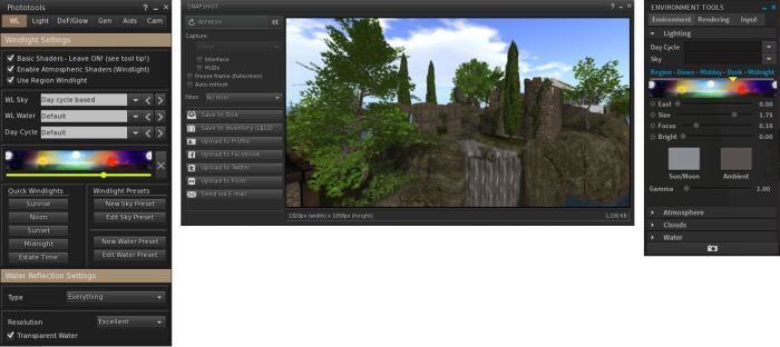 The photography floater has been enhanced as a direct result of contributions such as those from NiarnV Dean (centre) while the photography and environment capabilities within the viewer have been made more accessible by TPVs - such as with the inclusion of William Weaver's PhotoTools in Firestorm (l) and the Environment Tools floater in Alchemy (r)