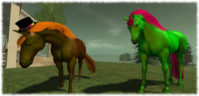 Simon Linden and Whirly Fizzle wear horse avatars by Teager. Whirly has clearly been Torleyfied!