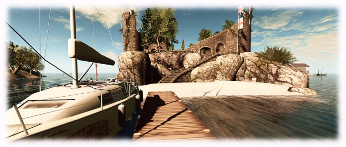 The beach and steps at the southern end of the island