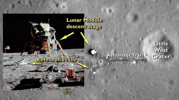 This composite of images from NASA's Lunar Reconnaissance Orbiter (LRO) mission from 2014 highlight elements of the Apollo 11 landing site on the Moon - notably the lower section of the LEM and some of the science equipment