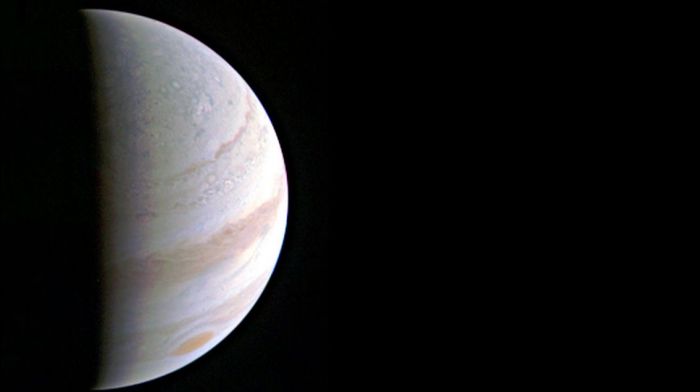 Jupiter's north polar region, August 27th, 2016, as seen by Juno from a distance of 703,000 km (437,000 mph) away