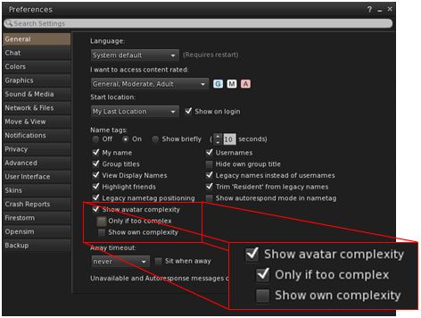 The Firestorm options for displaying Avatar Complexity information in the viewer