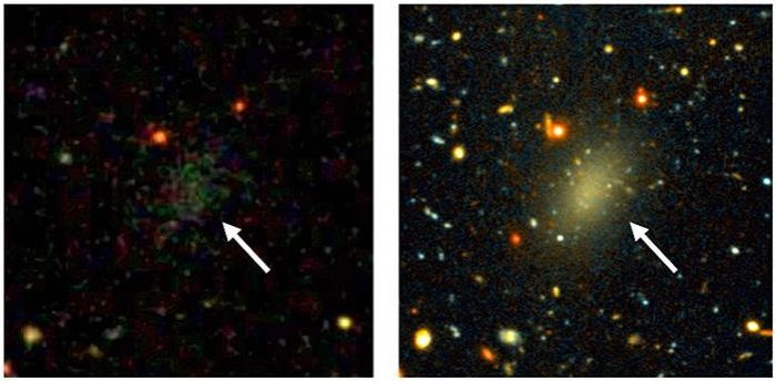 Two views of Dragonfly 44, from the Sloan Digital Sky Survey (l), showing the galaxy as a smudge of stars, and a long exposure from the Gemini telescope (r) revealing it as an elongated oval galaxy - but still unusually faint