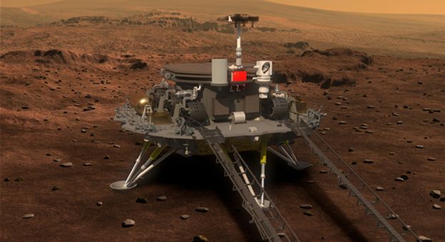 The Chinese rover sitting atop its lander vehicle. Credit: SASTIND / Xinhua