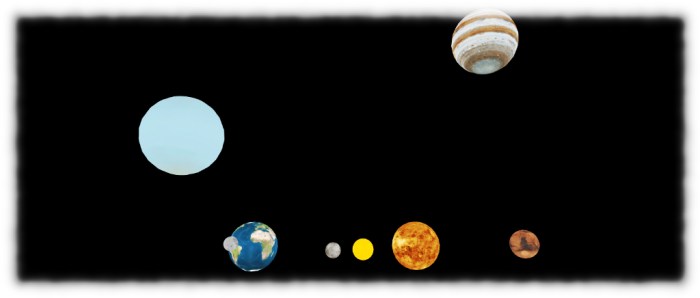 Space - A Planetarium: the orrery offered aginst a black backdrop rather than the planetarium's sun-like interior, which Jupiter (upper right) and Uranus (left, centre) looking on