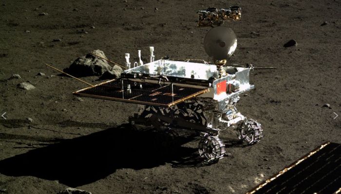 Yutu as imaged from the Chang'e 3 lander (part of the solar pnael from which can be seen in the lower right corner). Credit: National Astronomical Observatories of China