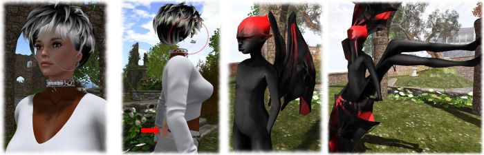 Bento creations will only appear correctly when viewed in a Bento-enabled viewer, as shown in these two pairs of images. On the left: a Bento head seen in a Bento viewer, then in a non-Bento viewer; On the right, a Bento avatar seen respectively in a Bento and a non-Bento viewer (click for full size)