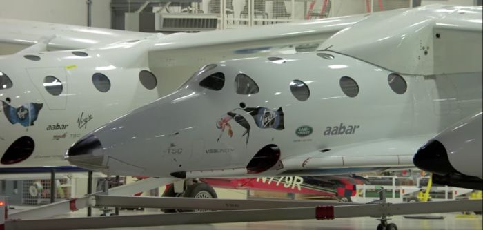 VSS Unity, mated to the VMS Eve, is rolled from the Virgin Galactic hanger in the Mojave Desert, Thursday, September 8th, in preparation for its maiden captive-carry flight. Credit: Virgin Galactic