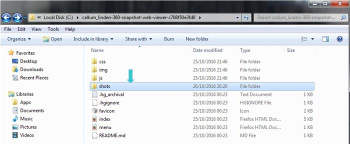 Web you have unzipped the web viewer package, you should have a folder looking like this - note the SHOTS folder, this is where you'll be wanting to save your snapshot sets