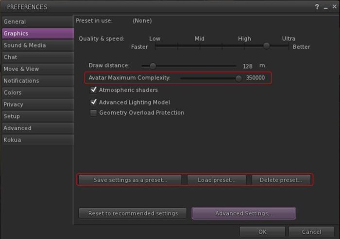 Kokua version 4.1.1.39717 for Second Life does include Avatar Complexity and Graphics Presets