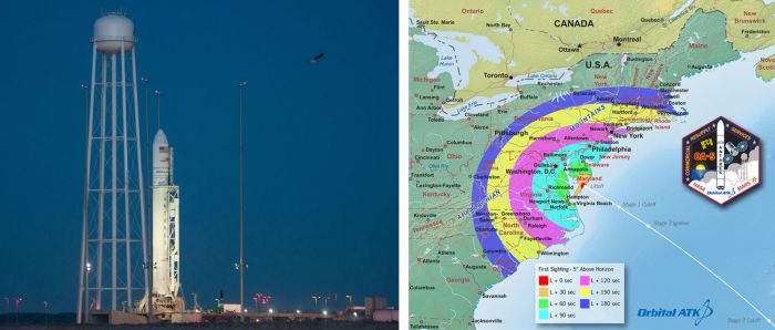 The Orbtial ATK Anatares booster ready for mission OA-5 at NASA's Wallops Island facility, Virginia, and a map showing the arc in which the launch and ascent might be visible (click to enlarge). Credits: photo - Credit: NASA/Bill Ingalls; map - Orbital ATK