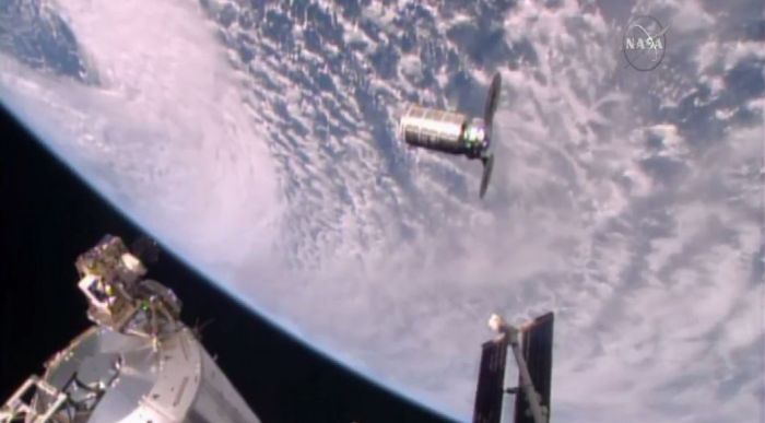 The Cygnus resupply vehicle, filmed from the ISS on October 23rd, 2016, prior to being captured by the station's robot arm