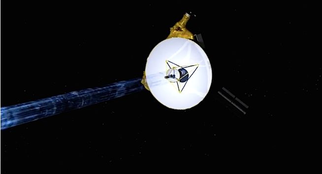 An artist’s concept of the New Horizons spacecraft transmitting data back to Earth through its 2.1m (83-inch) antenna. Credit: NASA / JHUAPL / SwRI