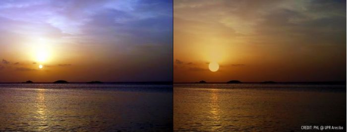 A comparison of sunsets on Earth (l) and simulated on a watery Proxima-b, 4.25 light years away (r). While the parent star, Proxima Centauri, is a lot smaller than our Sun, it would appear much larger in the planet's sky due to the planet being a mere 7 million km from the star