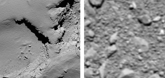 The first and last in the final sequence: on the left, the Ma’at region on the comet's small lobe from a height of 5.8 km (3.6 mi) revealing a terrain heavy in dust as Rosetta enters the terminal phase of descent on Friday, September 30th. Right: the very last picture returned by the spacecraft, taken from a height of around 20m (66ft) depicting an area just 2.4m (8ft) across close to where Rosetta camera to rest. Credit: ESA/Rosetta/MPS for OSIRIS Team MPS/UPD/LAM/IAA/SSO/INTA/UPM/DASP/IDA.