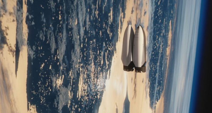 The ITS space ship (r) - Musk has suggested the first one will be called Heart of Gold in honour of Douglas Adams' famous improbability driven ship - with a tanker vehicle alongside