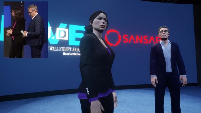 Joanna Stern and Geoffrey Fowler (seen in the inset image) and as they appear as Sansar avatars. Credits: Geoffrey R. Fowler / WSJ Live