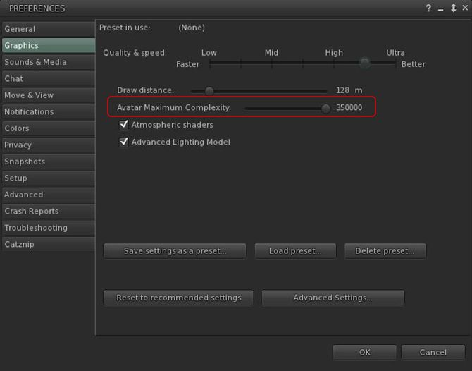 The Avatar Complexity slider in Preferences > Graphics