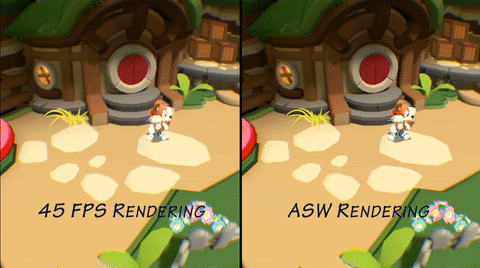 On the left, a game with every frame directly rendered at 45fps by the GPU. On the right, the same game using software AWS to render some of the 
