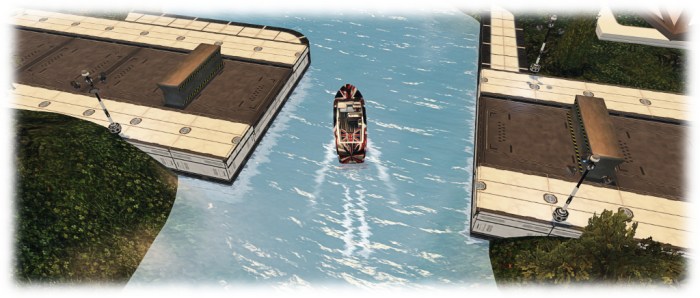 All of the residential regions have navigable waterways - rood bridges will automatically retract as boats approach. Rezzing areas for craft (and aerial vehicles) are available at the info hubs and community centres