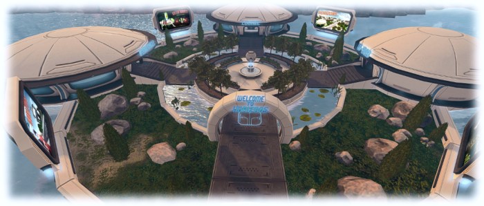 One of the two identical community centres, featuring (clockwise from the top), a social lounge, a bar and a meeting centre, as well a rezzing area for water and aerial craft