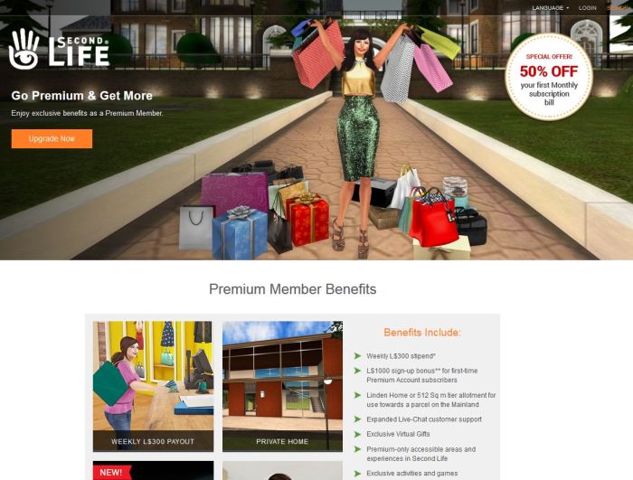 The new Second Life Premium landing page, highlighting the current Premium subscription offer, and launched on October 31sst, 2016