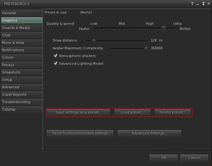 The Graphic Presets buttons on Preferences > Graphics