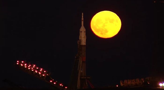 The "supermoon" of November 14th rises over the MS-03 spacecraft the Baikonur Cosmodrome in Kazakhstan, where it was being prepared for launch to the International Space Station