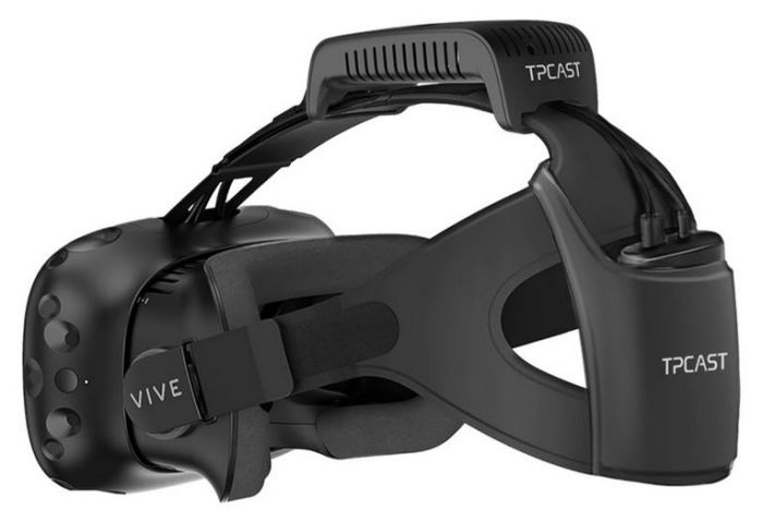 The TPCAST wireless kit mounted on an HTC Vive