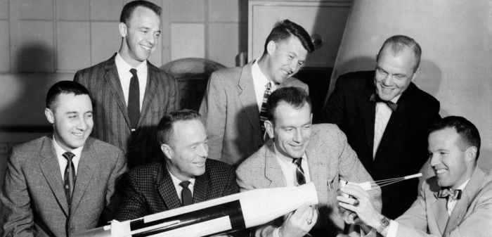 The Mercury 7 - NASA's first astronauts. Standing (l-r): Alan B. Shephard Jr. (1st US astronaut to fly in space); Walter B. Schirra Jr; John Glenn (first US astronaut to orbit the Earth). Seated (l-r): Virgil I Grissom (2nd US astronaut in space); M. Scott Carpenter; Donald Slayton and L. Gordon Cooper Jr. Credit: NASA