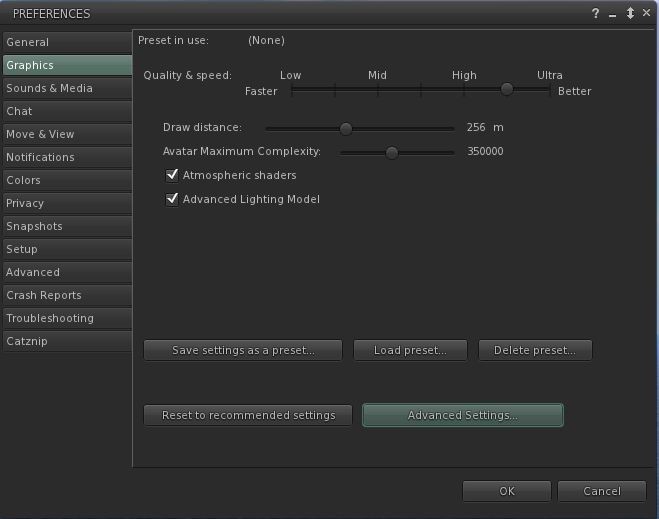The revised Preferences > Graphics - click the Advanced Settings ... button (highlighted) for the full set of Graphics options