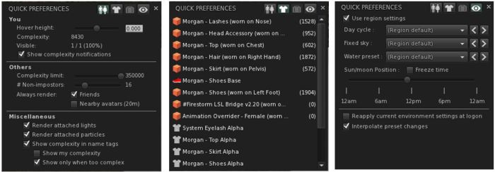 The Quick Preferences floater tabs - avatar appearance / complexity; worn items (+complexity were relevant) / windlight settings - click for full size