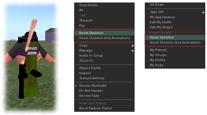 The reset skeleton options (right-click context menu in the official viewer) should “fix other avatars which appear distorted in your view after changing their form (left menu) or your own avatar if the same happens to you (right menu) – note both options only affect your view of the avatar in question.