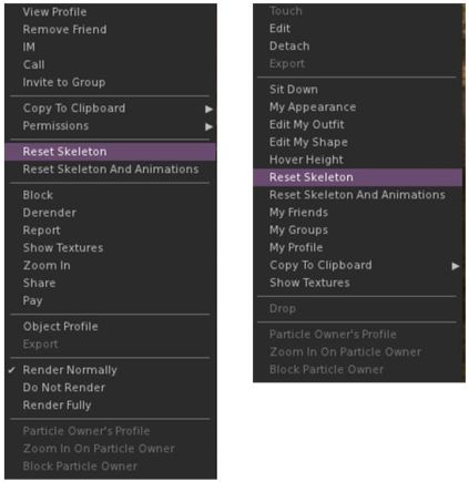 Reset Skeleton options on Kokua 5.0.0 on the right-click context menus for other avatars (l) and your own avatar (r). With the pie menus they can be found under More > More > Reset (other avatars) and Appearance > Reset on your own avatar