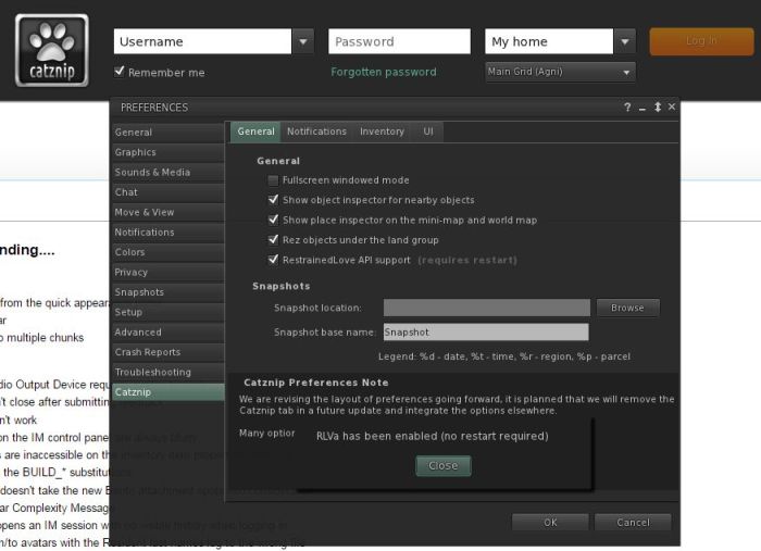 Toggling RLVa on / off from Me > Preferences in the log-in / splash screen no longer requires a viewer restart to take effect.