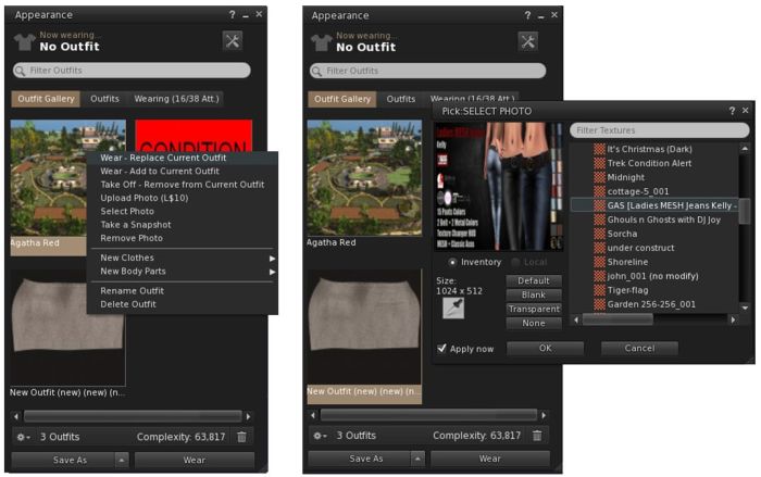 The Visual Outfits Browser (VOB) allows you to browse your outfits in the Outfits folder be associating a snapshot with them which can be uploaded directly, or pulled from inventory (256x256). You can also wear or remove outfits through the VOB