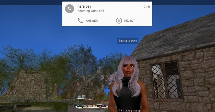 When in receipt of a Voice IM call, a drop-down will be displayed at the top of the currently active Lumiya screen (3D world view shown)