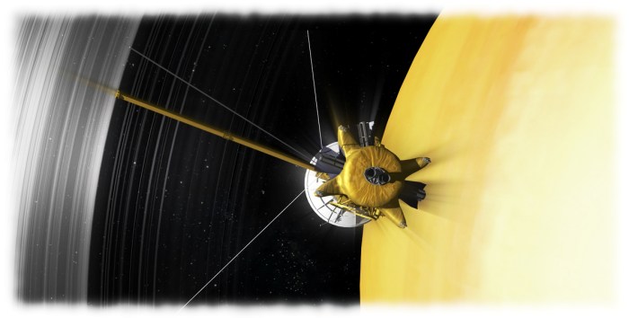 Artist's concept of Cassini's final orbits between the innermost rings and Saturn's cloud tops (see below). Credit: NASA