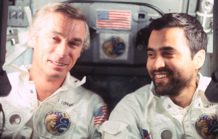 Cernan (l) and Schmitt aboard the Apollo 17 Lunar module. Credit: NASA
