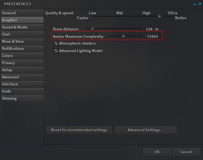 The revised Preferences > Graphics tab, including the Maximum Complexity slider. Setting this to high values will render avatars which may place additional rendering load on your computer, slowing your SL experience, to be fully rendered. Lowering it will cause such avatars to be rendered as solid colours, reducing their render load