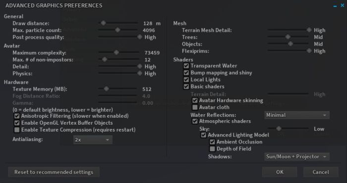 The newer Advanced Graphics Settings floater (accessed via the Advanced Settings.... button in the Preferences > Graphics tab