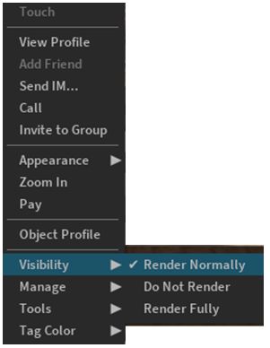 Use the avatar right-click context menu and the Visibility options to select how another avatar is rendered during your current log-in session