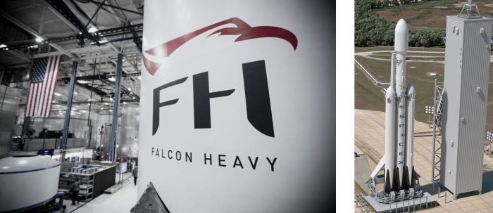 Left: the teaser shot of the interstage ring of the Falcon Heavy, released by SpaceX on December 28th, and right: how the Falcon Heavy will look when ready for launch 