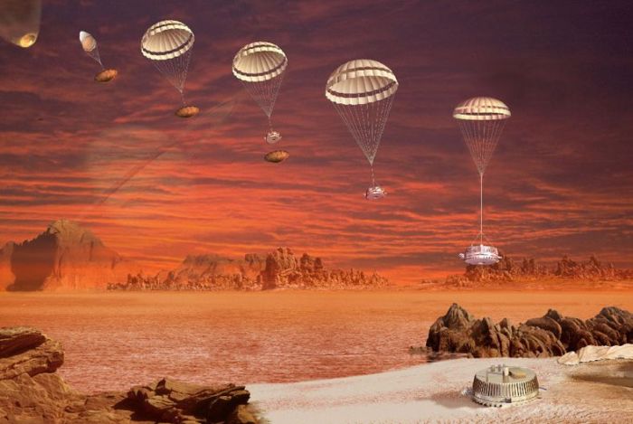An artist's impression of Huygen's entry, descent and landing on Titan, January 14th, 2005. Credit: ESA