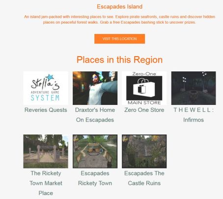 If you have a location with multiple venues / places to visit, you can create a Places page for it, and then link to the Places pages for each of the venues / places within it - as Loki Eliot has done with Escapades Island (click to go to the Escapades Place page)