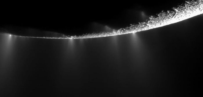 A dramatic plume sprays water ice and vapor from the south polar region of Saturn's moon Enceladus. Cassini's first hint of this plume came during the spacecraft's first close flyby of the icy moon on February 17, 2005. Credit: NASA/JPL / Space Science Institute
